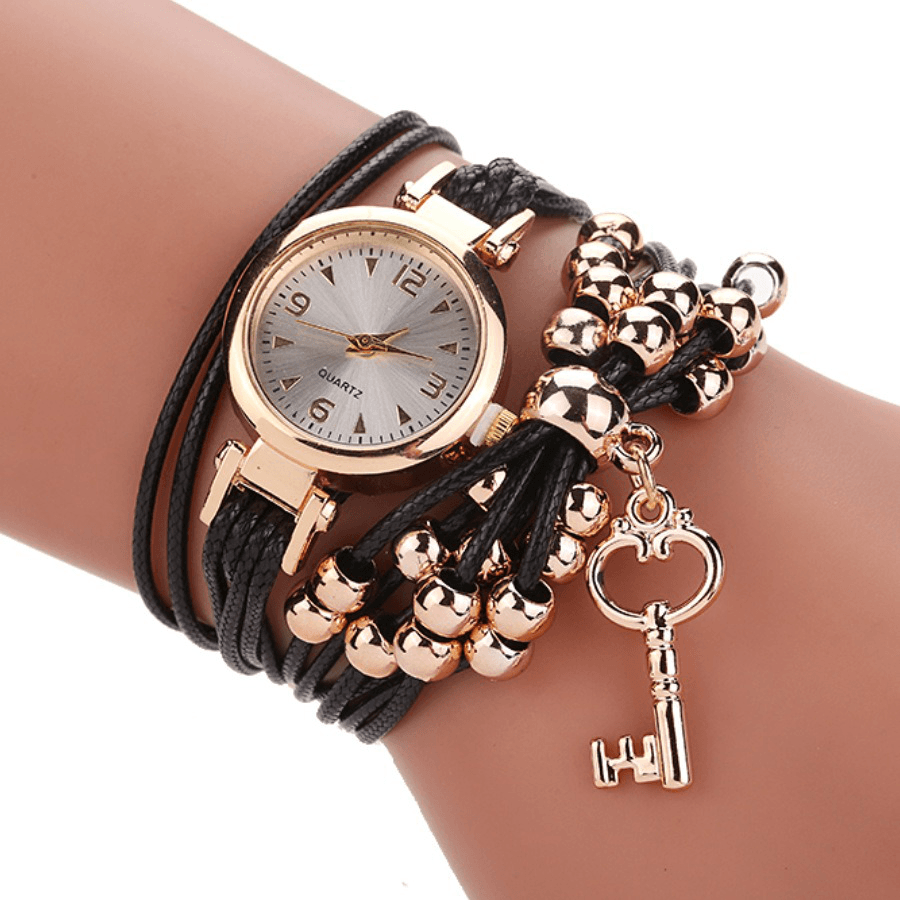 Gold Case Colorful Leather Beading Strap Ladies Dress Women Bracelet Wristband Quartz Watch - MRSLM