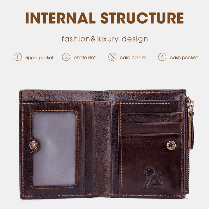 Men Bifold Leather Wallets Hasp Short Large Capacity Coin Purse Card Holder Cowhide Wallets - MRSLM