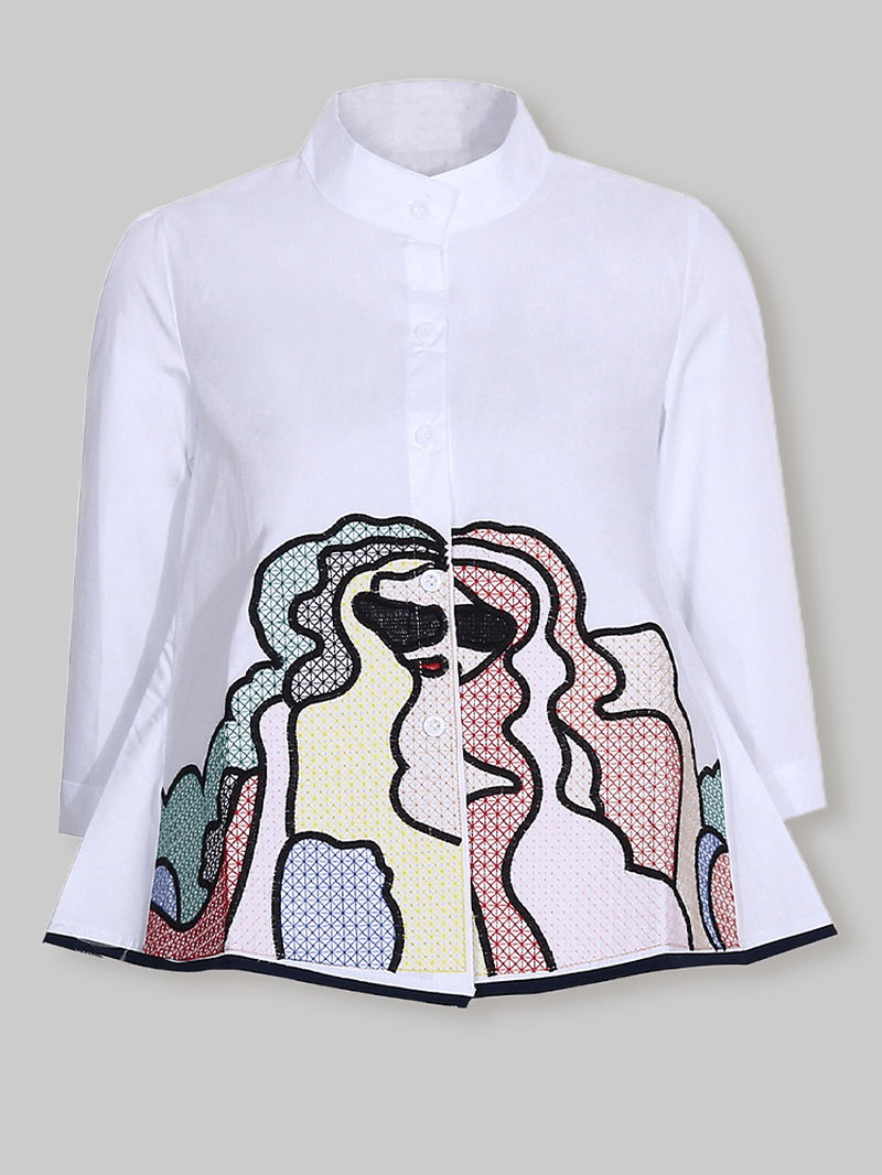 Funny Embroidered Button Stand Collar 3/4 Sleeves Casual Blouse for Women - MRSLM