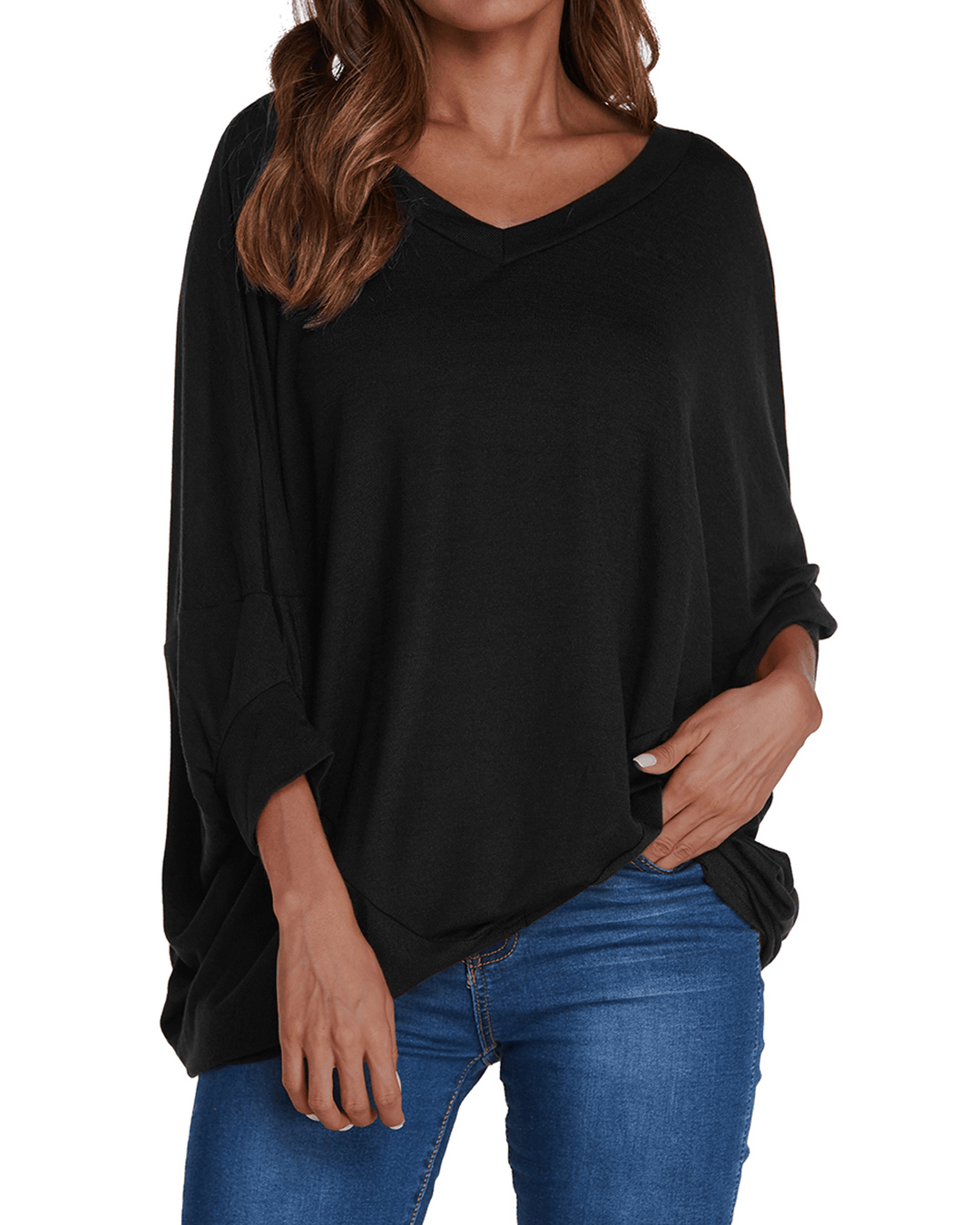 Women Pullover V Neck Long Sleeve Irregular Hem Casual Loose Blouse - MRSLM