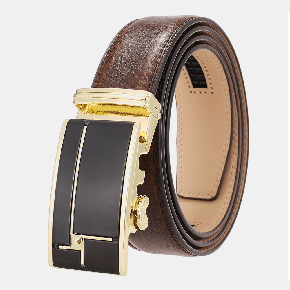 Men Genuine Leather Rectangular Alloy Automatic Buckle 3.5 CM Casual Business Wild Belt - MRSLM