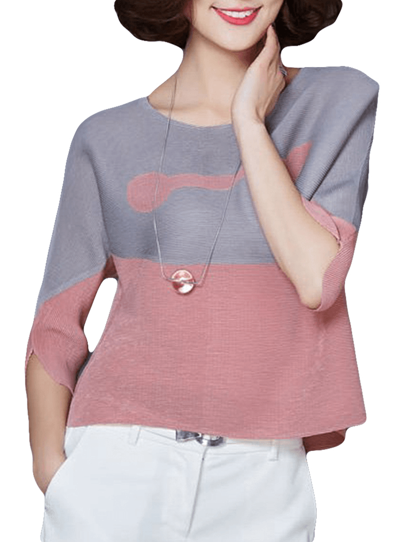 Two-Tone Patchwork O-Neck Half Sleeve Shirts - MRSLM