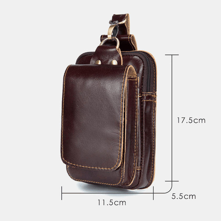 Men Genuine Leather Zipper Hasp Large Capacity Vintage 6.5 Inch Phone Bag Waist Bag - MRSLM