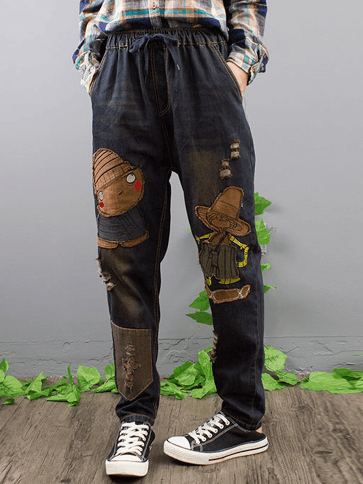 Embroidery Patchwork Elastic Waist Denim Jeans - MRSLM