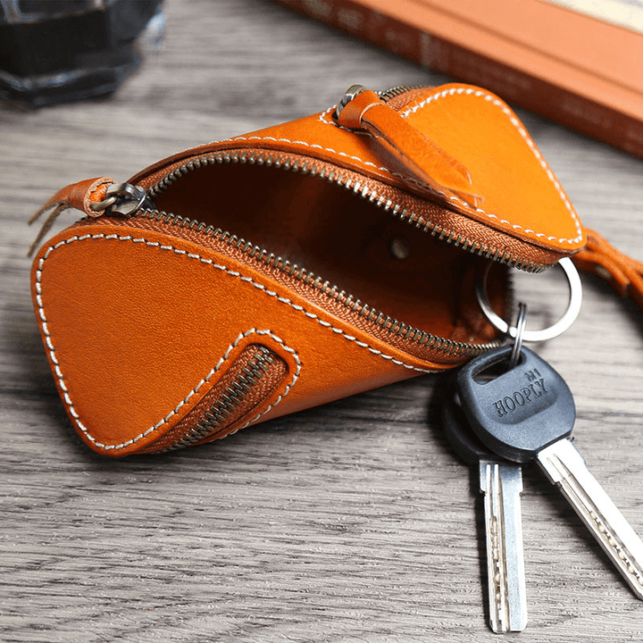 Men Genuine Leather Solid Color Oval Zipper Retro Key Case Card Case Clutch Bags - MRSLM