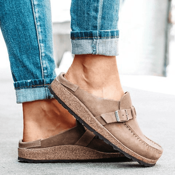 Women Casual Comfy Suede Large Size round Toe Backless Flats - MRSLM