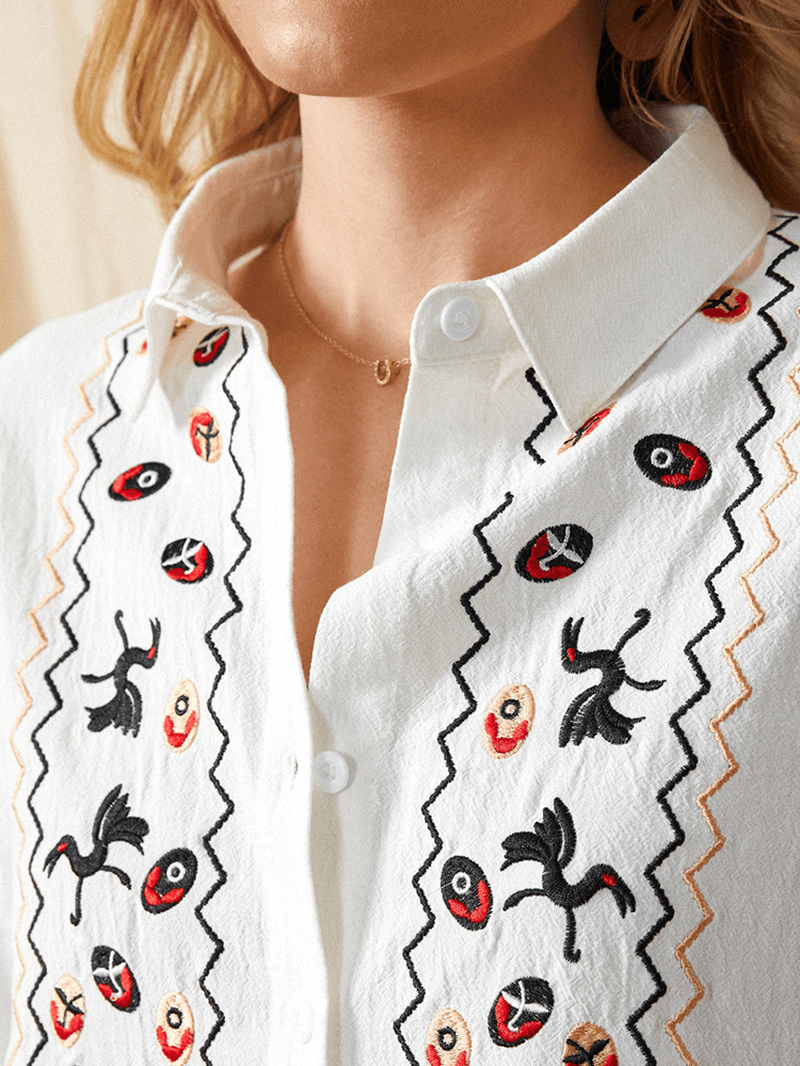 Women White Lapel Ethnic Embroidery Daily Casual Long Sleeve Shirts - MRSLM