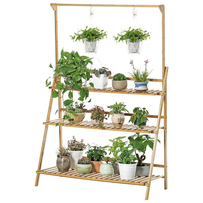 Plant Stand Flower Pot Display Multi-Layer Shelf with Hanging Rod Plants Rack Holder Organizer - MRSLM