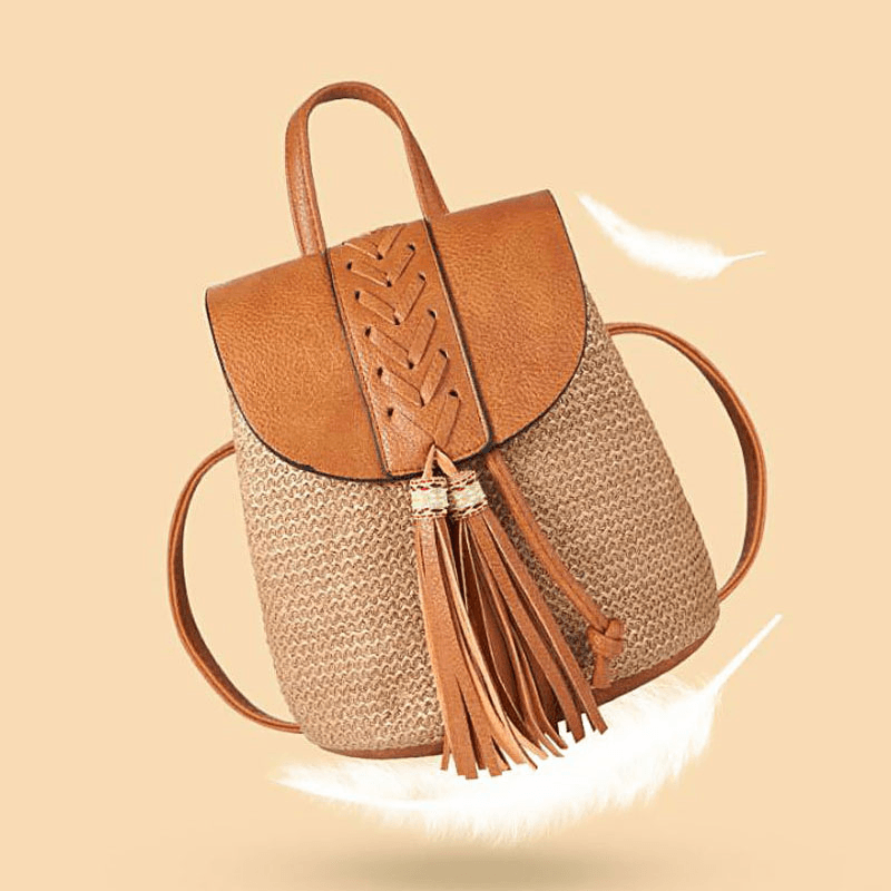 Women Tassel Straw Bag Retro Beach Bag Backpack Bucket Bag - MRSLM