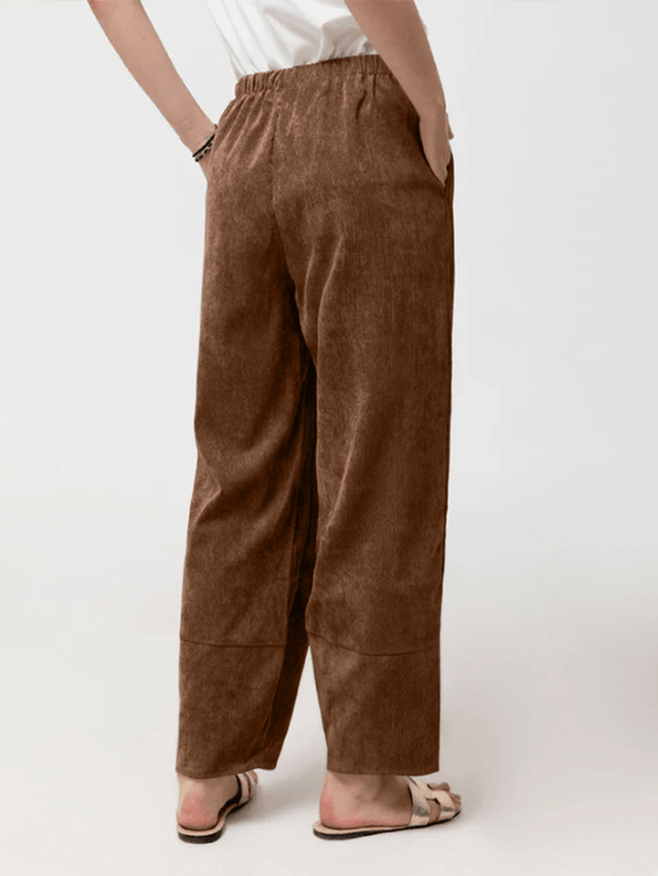 Women Corduroy Solid Color Elastic Waist Harem Pants with Pocket - MRSLM