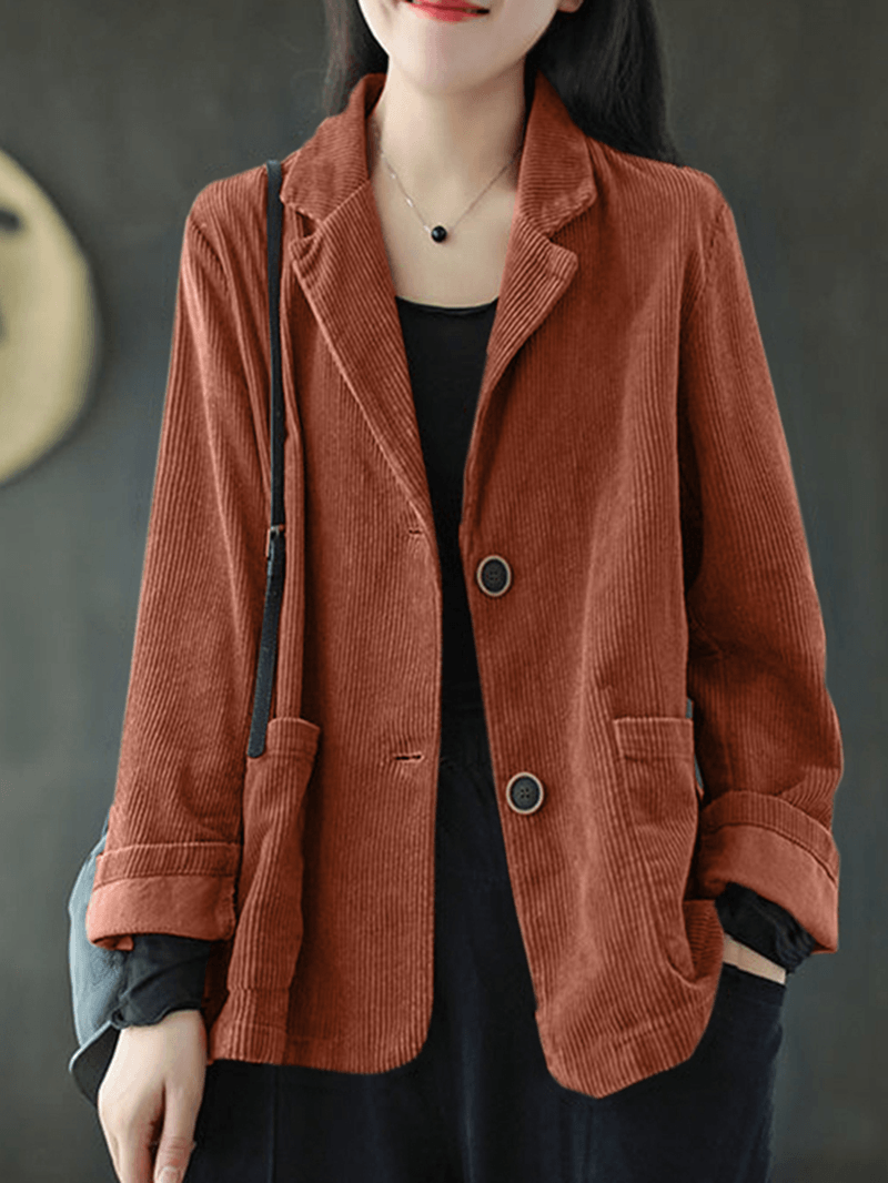 Women Corduroy Solid Korean Style Button down Front Pockets Coats - MRSLM