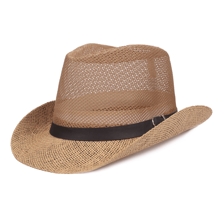 Men Outdoor Breathable Mesh Bowler Jazz Hat Cowboy Sunshade Straw Hat - MRSLM