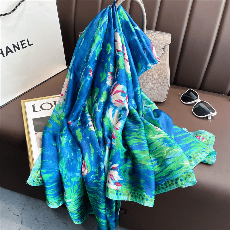Fashion Women'S Printed Blue Ocean Silk Scarf - MRSLM