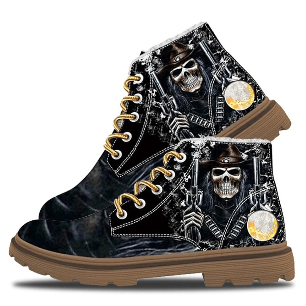 Men Leather Halloween Funny Skull Printing Non Slip Comfy Casual Martin Ankle Boots - MRSLM