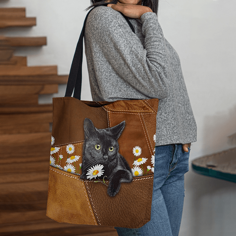 Women Felt Cute 3D Three-Dimensional Black Cat Daisy Pattern Shoulder Bag Handbag Tote - MRSLM