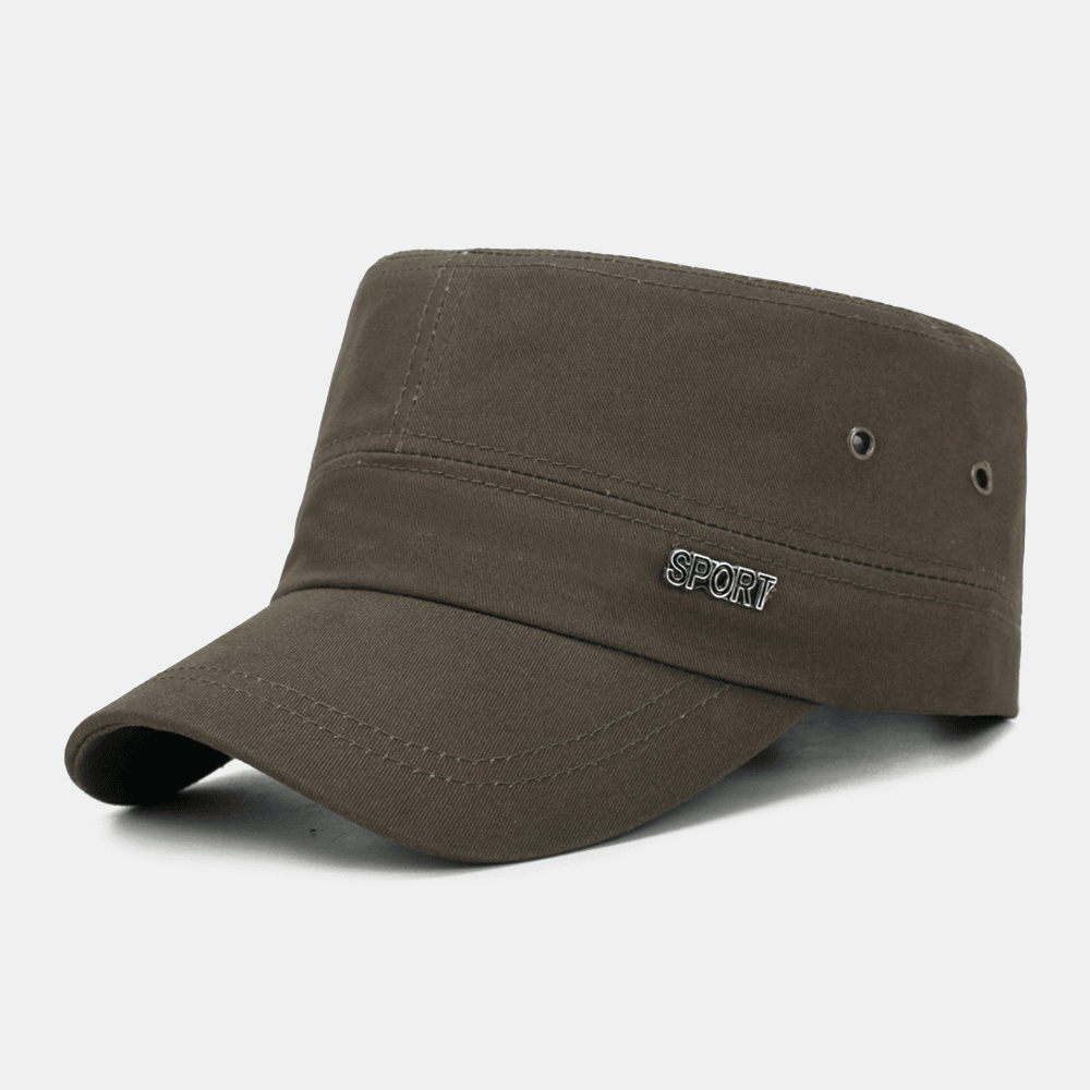 Men Solid Metal Letter Label Flat Top Cap Short Brim Outdoor Suncreen Military Cap Cadet Hat - MRSLM