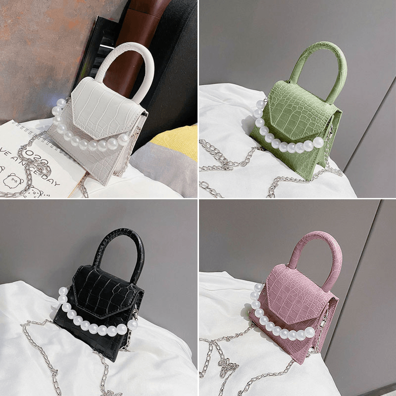 Women Pearls Chain Decor Flap Embossed Snake Pattern Mini Handbag Crossbody Bag Shoulder Bag - MRSLM