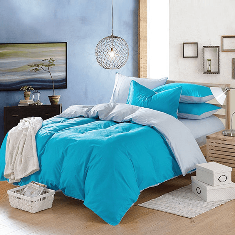 100% Cotton 3/4 Pieces Bedding Sets Sky Blue Reactive Dyeing Duvet Cover Flat Sheet Pillow Case Set - MRSLM