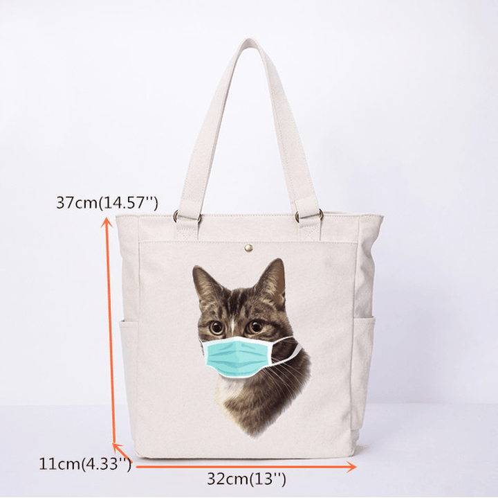 Women Cat Pattern Mask Casual Canvas Shoulder Bag - MRSLM