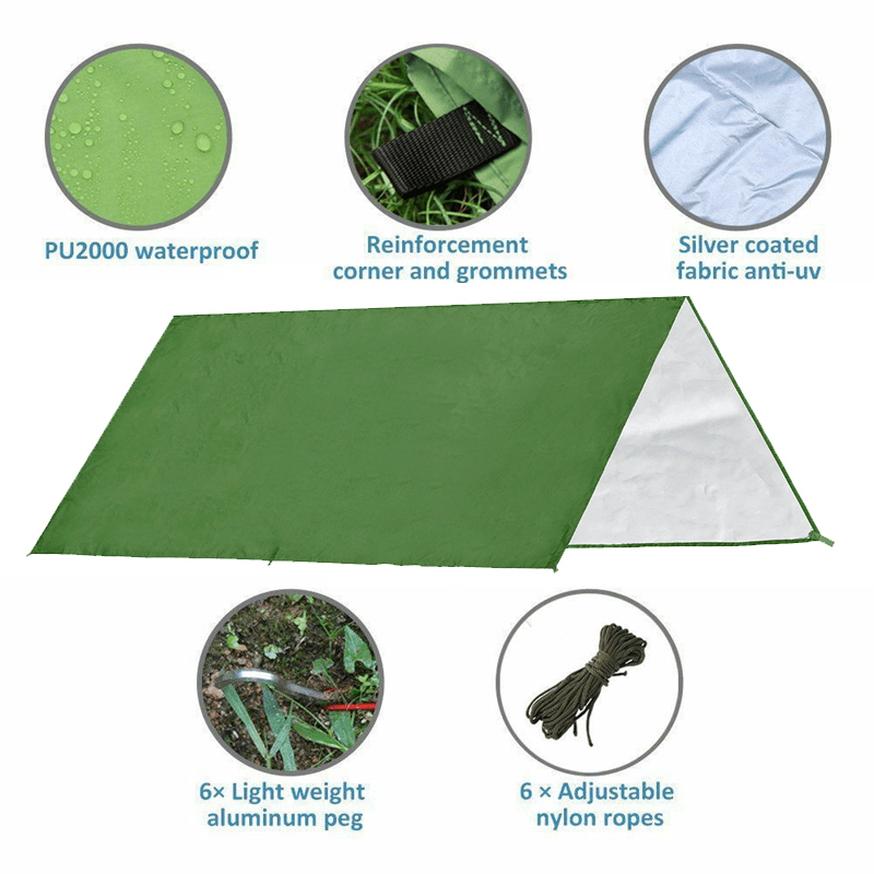 Ipree® 160X200Cm/300X300Cm 210T Portable Lightweight Outdoor Awning Camping Tent Tarp Shelter Hammock Cover Waterproof Rain Tarp Shelter Tent Sunshade with Bag - MRSLM