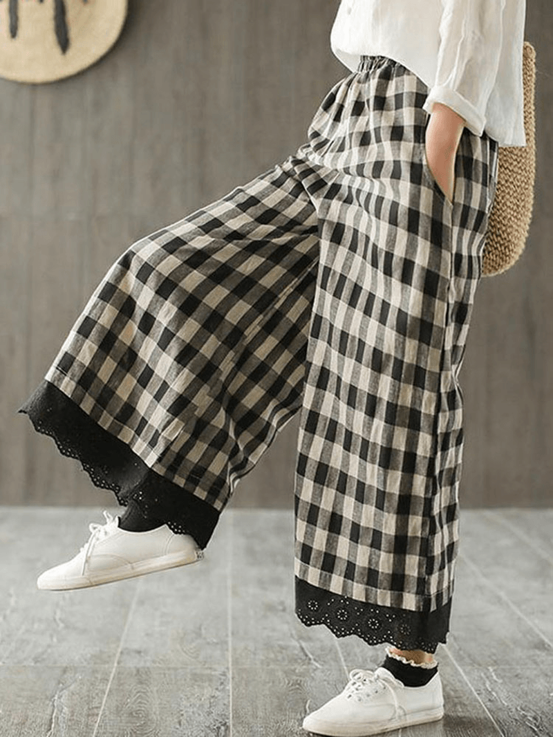 Wide Leg Women Plaid Elastic Waist Pockets Pants - MRSLM