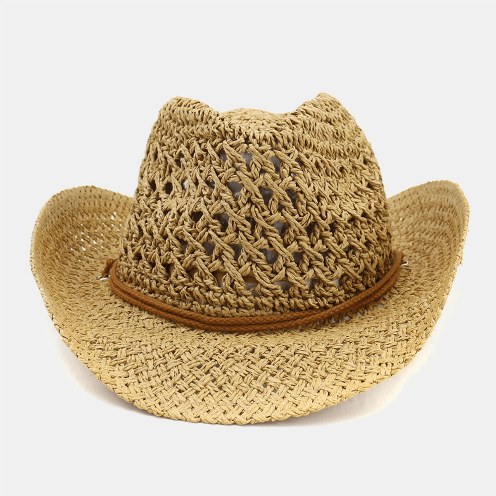 Unisex Handmade Sunscreen Travel Beach Sun Hat Cowboy Style Panama Hat Straw Hat with Adjustable String - MRSLM