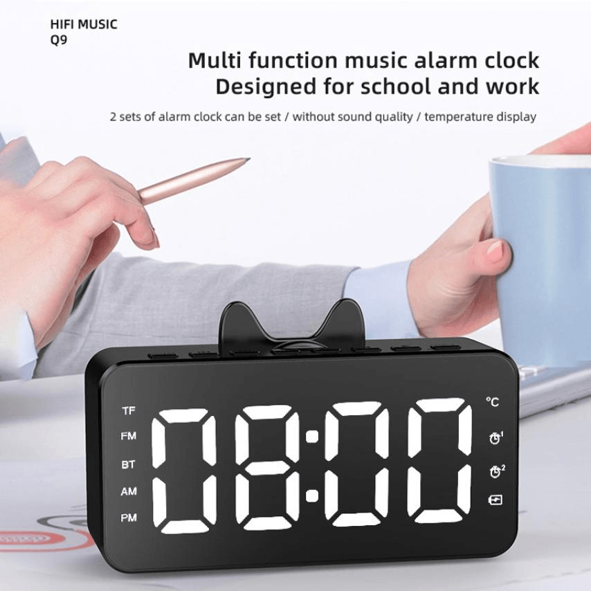 Q9 FM Radio Clock Mirror Bluetooth Speaker Dual Alarm Thermometer Phone Holder Card Multi-Function Audio HD Screen Smart Speaker - MRSLM