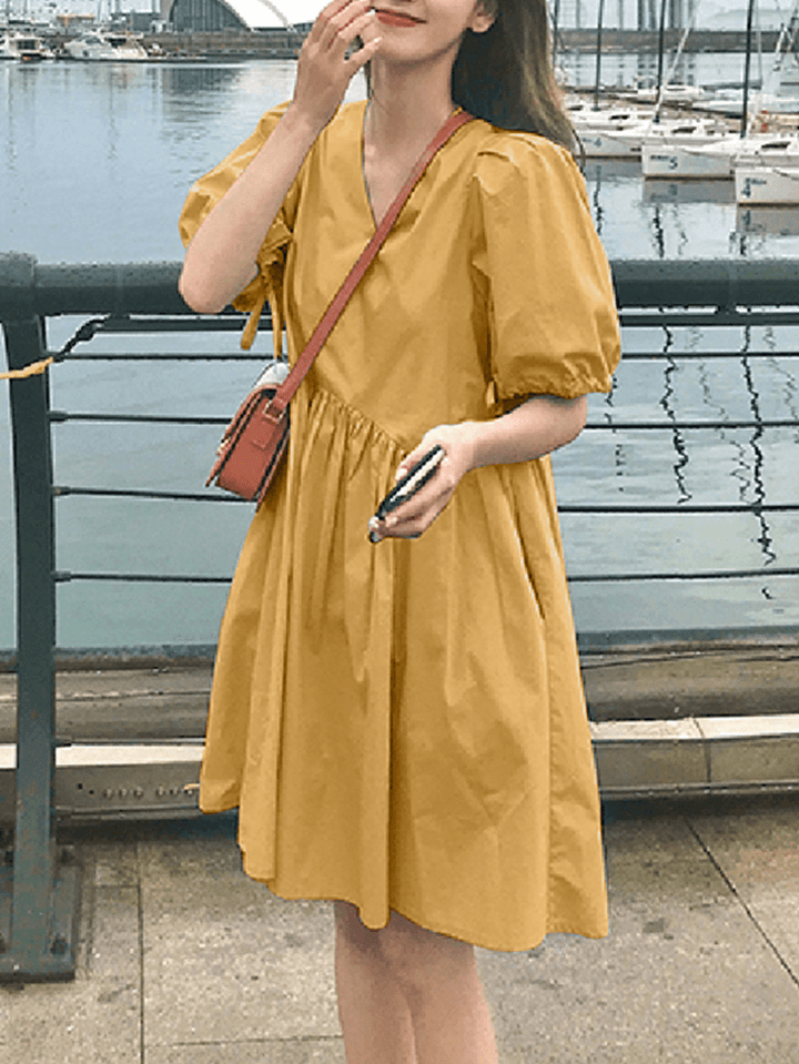 Women Solid Color Puff Sleeve V-Neck Pleats Plain Daily Casual Midi Dress - MRSLM