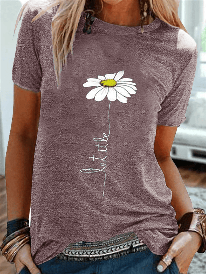 Women Daisy Embroidery round Neck Casual Short Sleeve T-Shirts - MRSLM