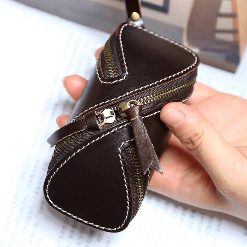 Men Genuine Leather Solid Color Oval Zipper Retro Key Case Card Case Clutch Bags - MRSLM