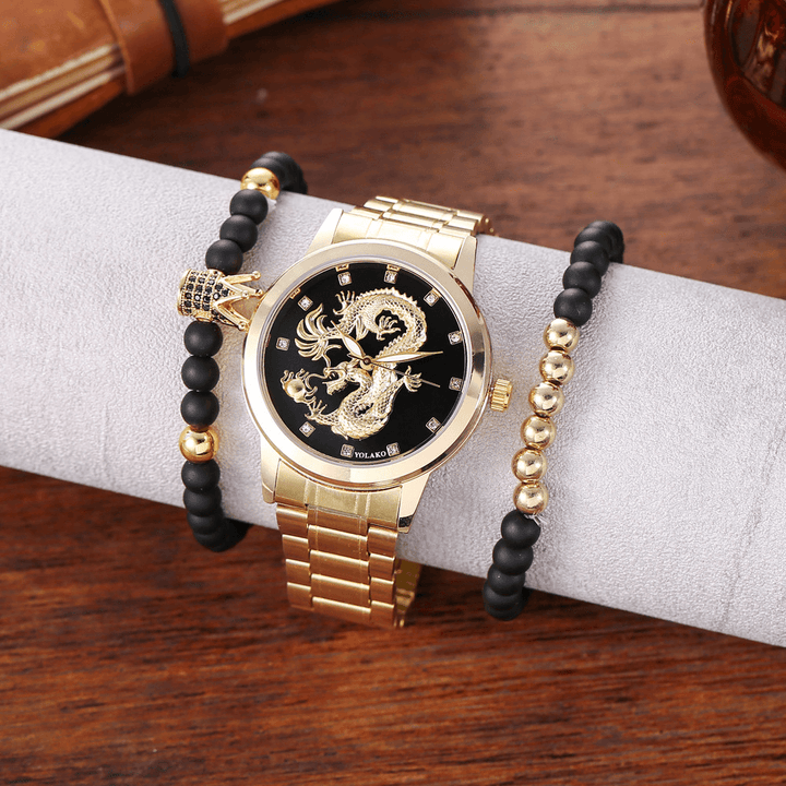 Alloy Stainless Steel Dragon Pattern Men Business Watch Decorated Pointer Quartz Watch Bracelet - MRSLM