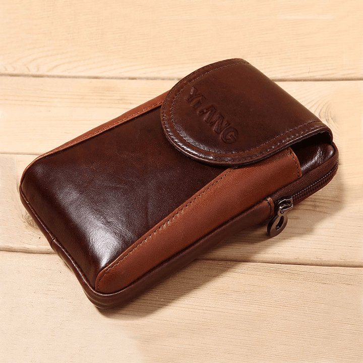 Men Genuine Leather Retro Multifunction 6 Inch Phone Bag Crossbody Bag Waist Bag - MRSLM