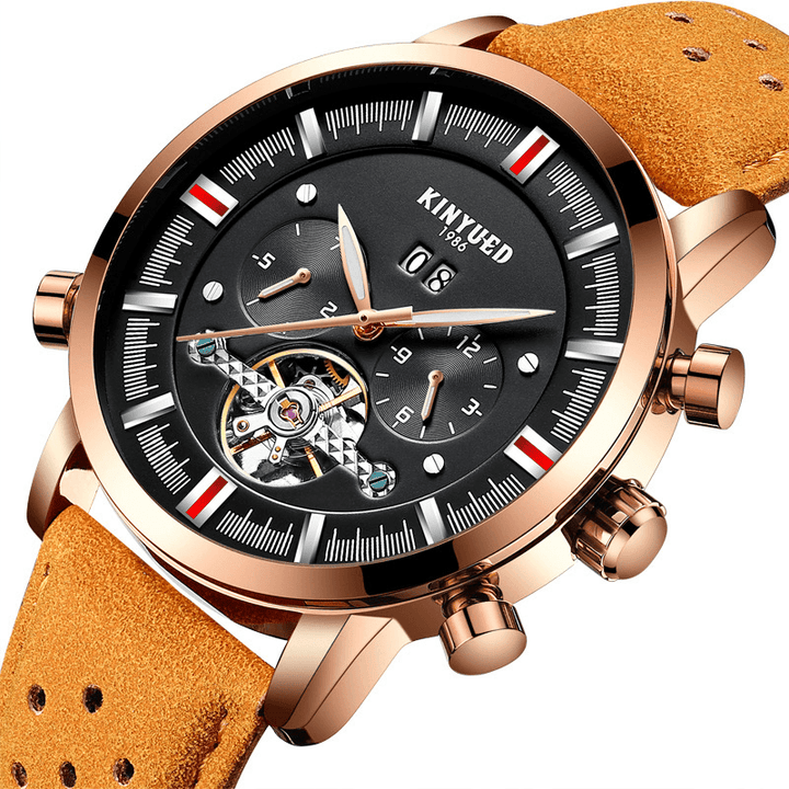 KINYUED JYD-J019 Fashion Style Brathable Leather Strap Automatic Men Business Mechanical Watch - MRSLM