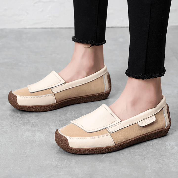 Women Comfy Leather Splicing Soft Slip on Flat Loafers - MRSLM