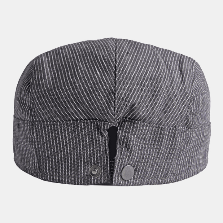 Men Cotton Linen Pinstripe Beret Cap British Retro Metal Label Adjustable Casual Flat Cap - MRSLM