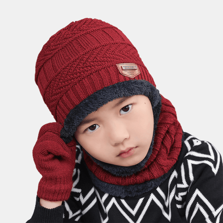 Men Child 3PCS Solid Color Keep Warm Sets Fashion Casual Wool Hat Beanie Scarf Full-Finger Gloves - MRSLM