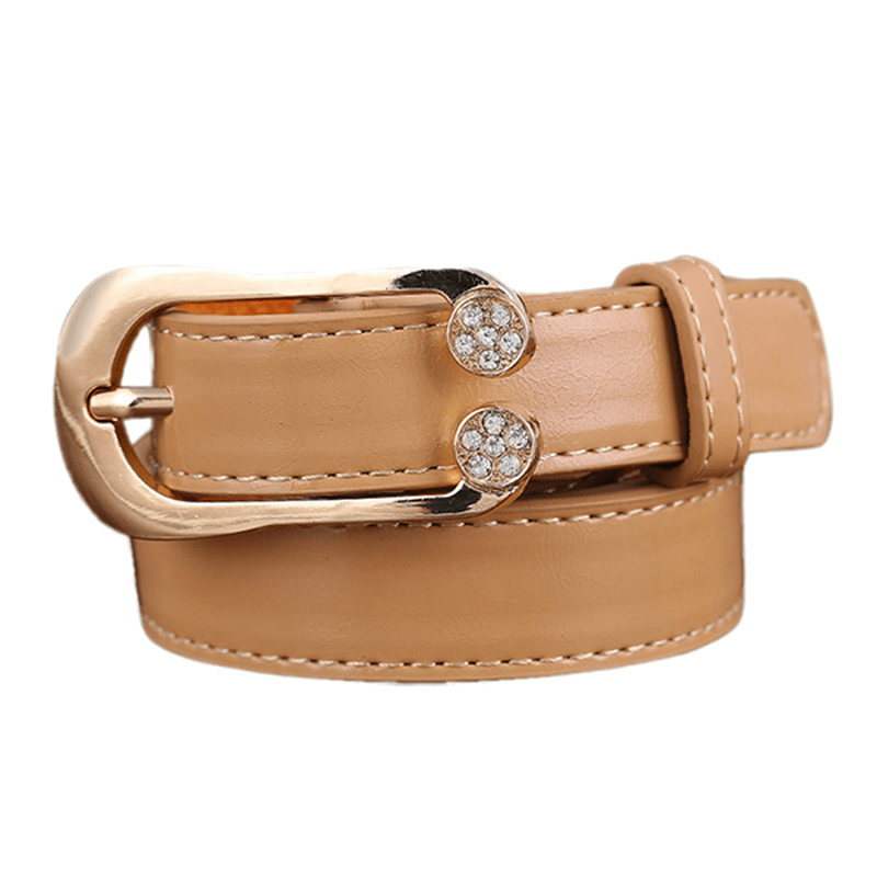 Women Ladies Second Layer Leather Belt Diamond Waist Belt Metal Pin Buckle Dress Waistband - MRSLM