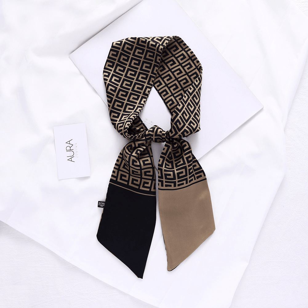 Retro French Forest Tied Hair Small Long Silk Scarf Female Lattice Letter Printing Tie Bag - MRSLM