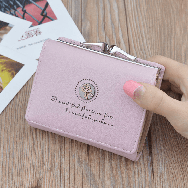 Women PU Leather Floral Clutch Short Solid Buckle Ladies Wallet Mini Portable Credit Card Purse - MRSLM