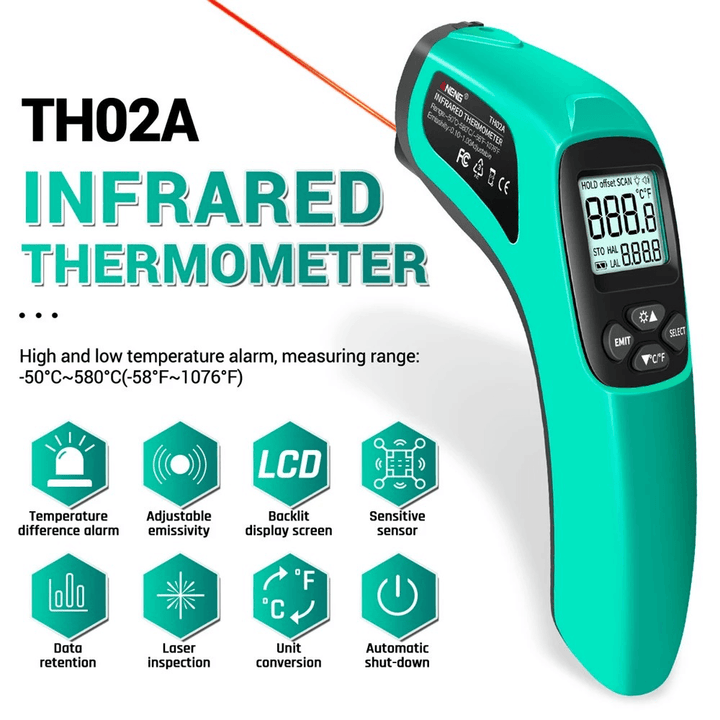 ANENG TH02A Digital Infrared Thermometer -50~580°C Laser Temperature Meter Digital LCD Laser Pyrometer IR Thermometer - MRSLM