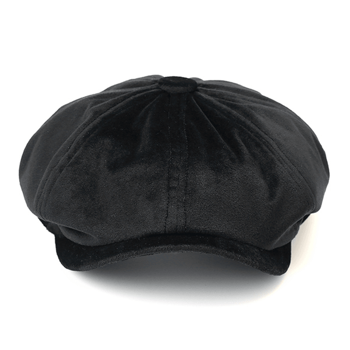 Men'S Solid Velvet Octagonal Cap Winter Warm Casual Newsboy Gentleman Cabbie Hats - MRSLM