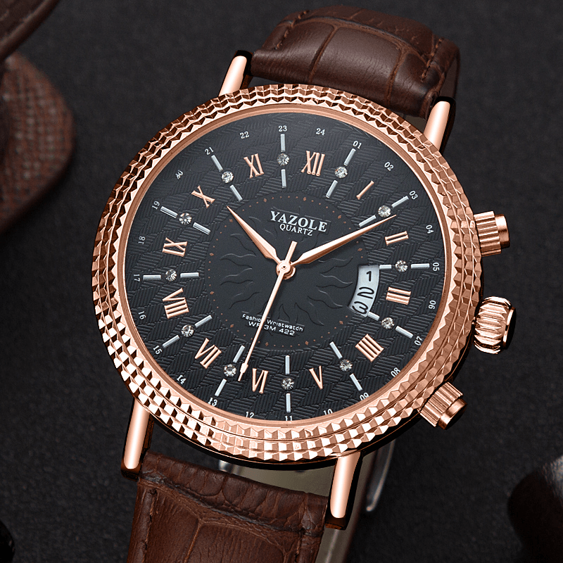 YAZOLE 422 Leather Strap Roman Numerals Crystal Dial Fashion Men Waterproof Quartz Watch - MRSLM