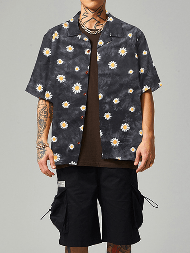 Mens New Fashion Flower Print Turn down Collar Short Sleeve Shirts - MRSLM