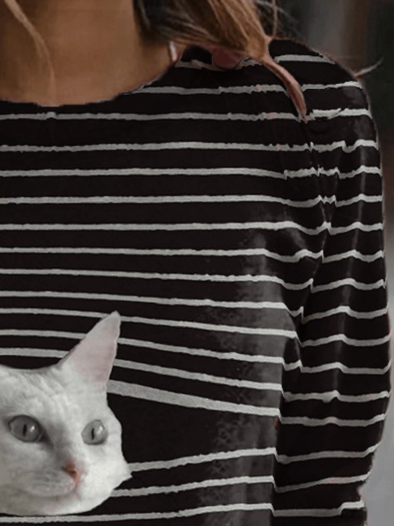 Women Stripe Cat Print Pullover Black Casual Sweatshirts - MRSLM