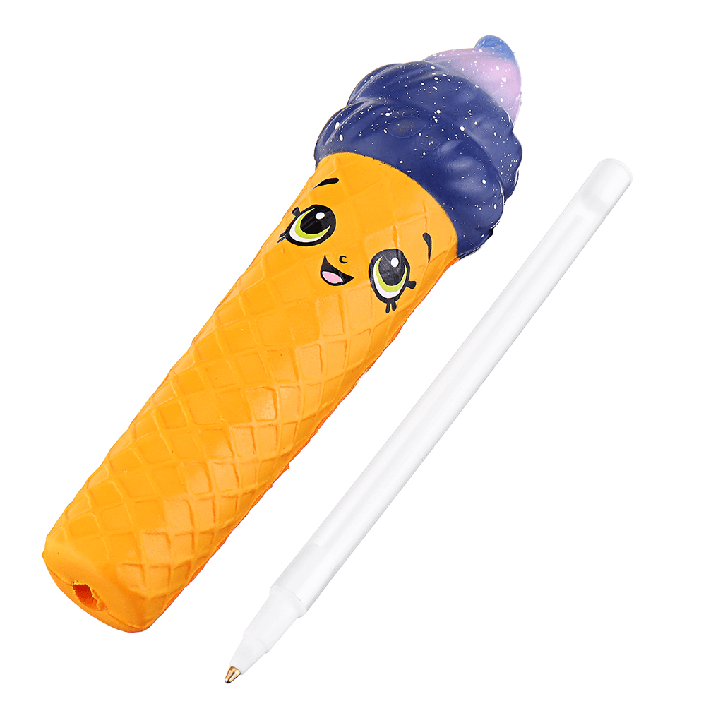 Squishy Pen Cap Smile Face Ice Cream Cone Slow Rising Jumbo with Pen Stress Relief Toys Student Office Gift - MRSLM