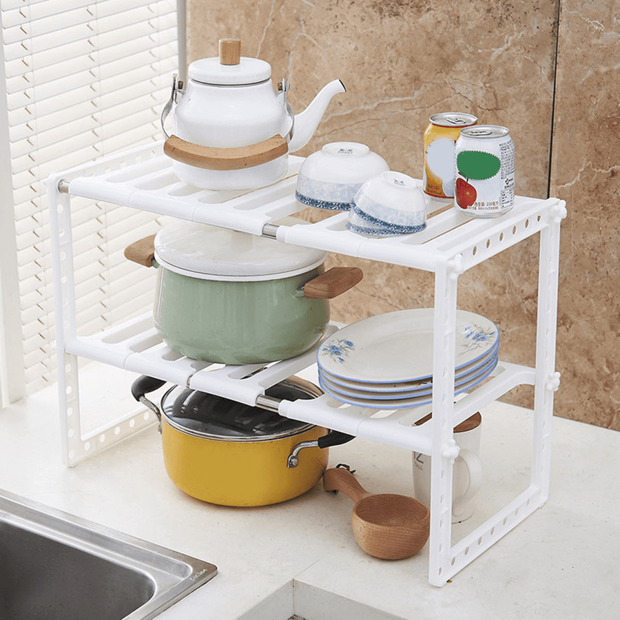 2 Tier under Sink Expandable Cabinet Shelf Organizer Kitchen Storage Rack - MRSLM