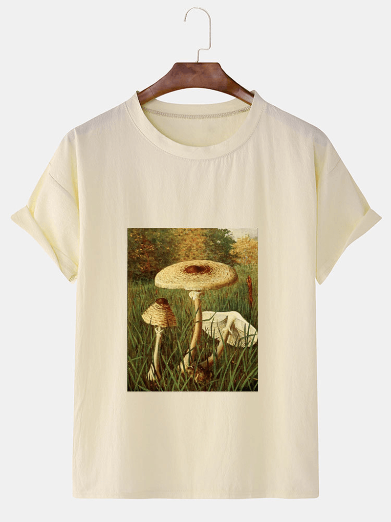 Mens Design Mushroom Print Short Sleeve Cotton T-Shirts - MRSLM