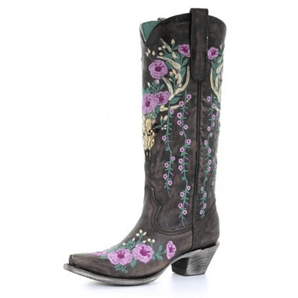 Women Retro Floral Animal Embroidery Leather Pointy-Toe V-Cut Chunky Heel Mid-Calf Knight Boots - MRSLM