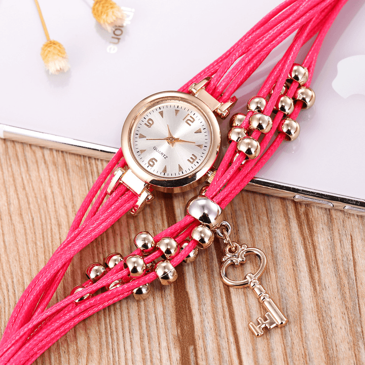 Gold Case Colorful Leather Beading Strap Ladies Dress Women Bracelet Wristband Quartz Watch - MRSLM