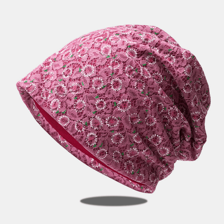 Women Lace Floral Pattern Printed Hollow Breathable Sun Protection Beanie Hat Baotou Hat - MRSLM